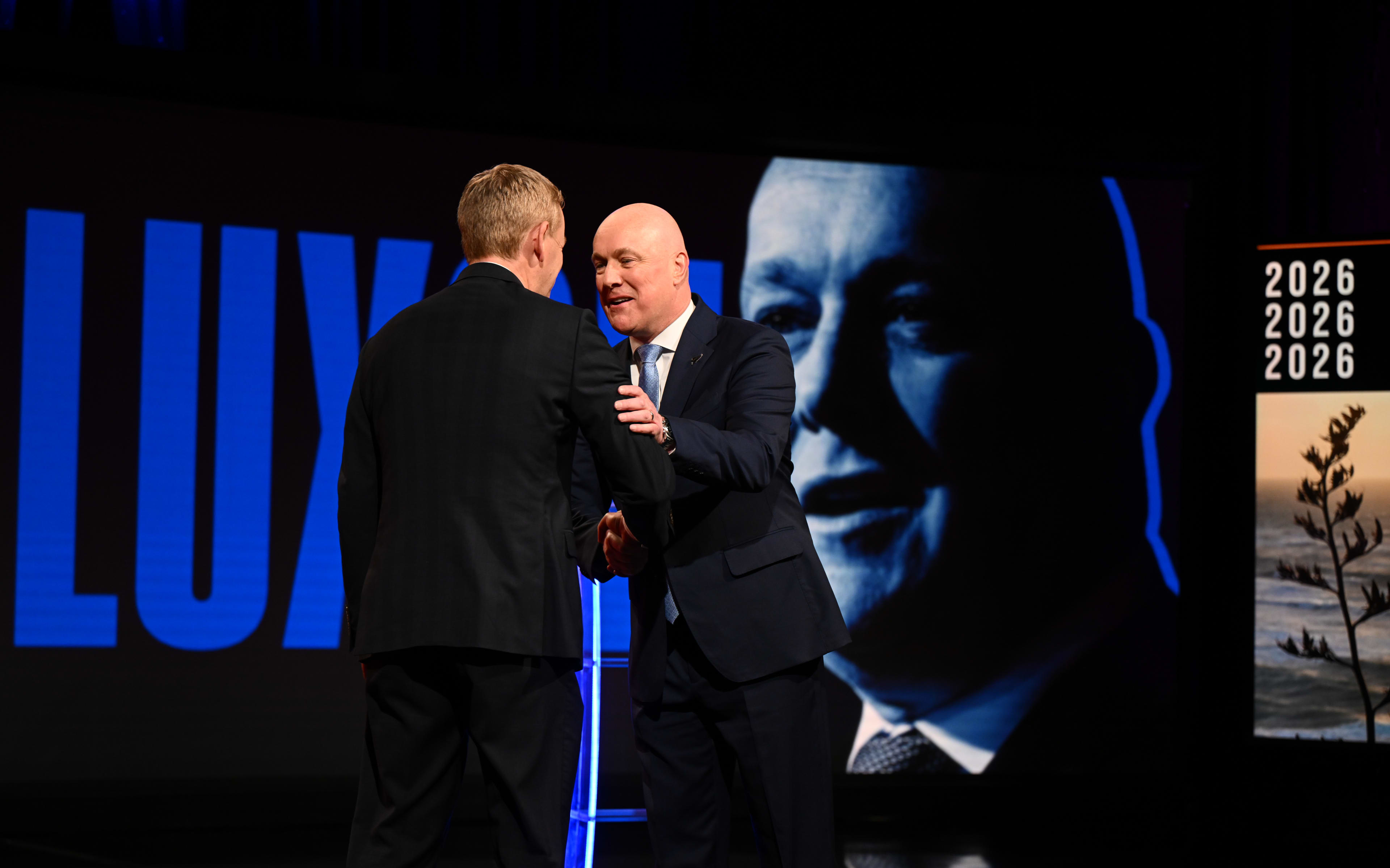 Christopher Luxon and Chris Hipkins at the TVNZ debate, hosted by Jake Tame, Oct 6 2026