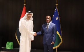 Jeremiah Manele, right, and Al Zeyoudi Dr Thani bin Ahmed Al Zeyoudi at the opening of Solomon Islands new Embassy in the United Arab Emirates. 2 October 2024
