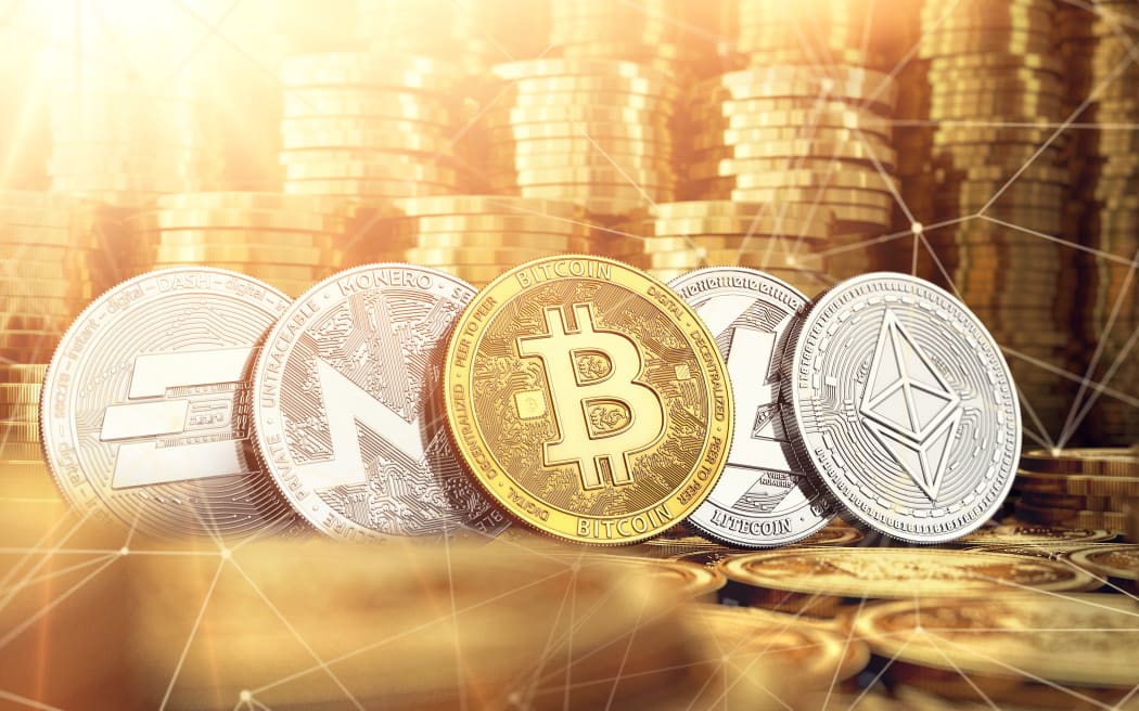 Bitcoin, Dash, Ripple, Monero, Litecoin and blockchain nodes in blurry closeup against lots of golden coin piles. Cryptocurrency meaning on global market growth concept. 3D rendering