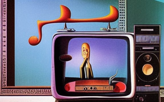 a television set sitting on the floor in the dark, musical notes coming out of the screen, exciting, colourful, by dali