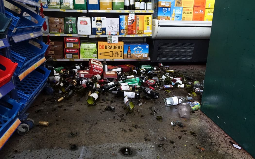 The quake threw groceries off shelves and broke wine bottles at the Culverden 4 Square store.