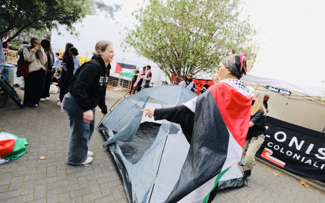 Students gather at Auckland University's city campus to rally against Israel's war in Gaza on 1 May 2024.