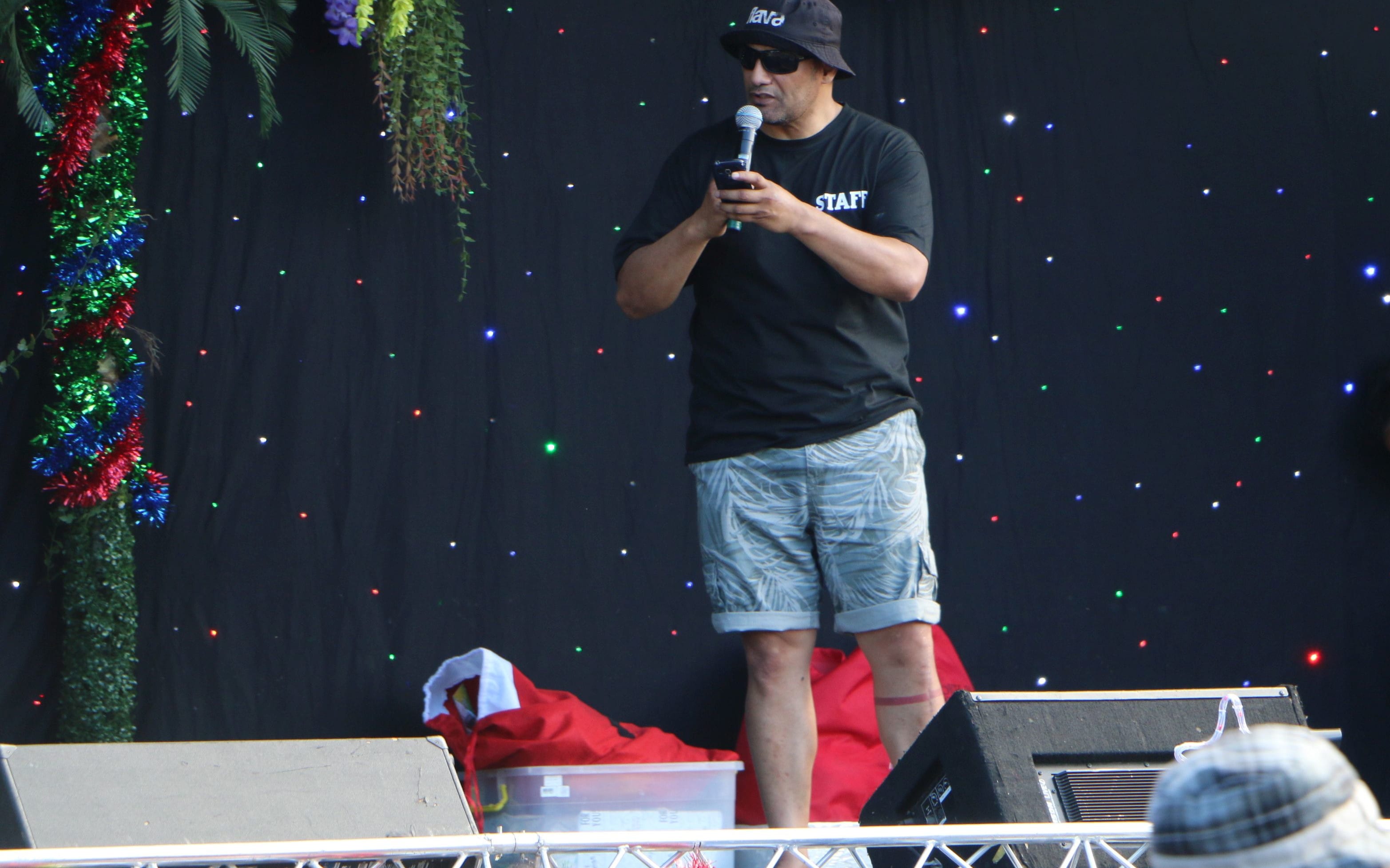 Hurimoana Denis is the MC for the night at Christmas at the Paa.