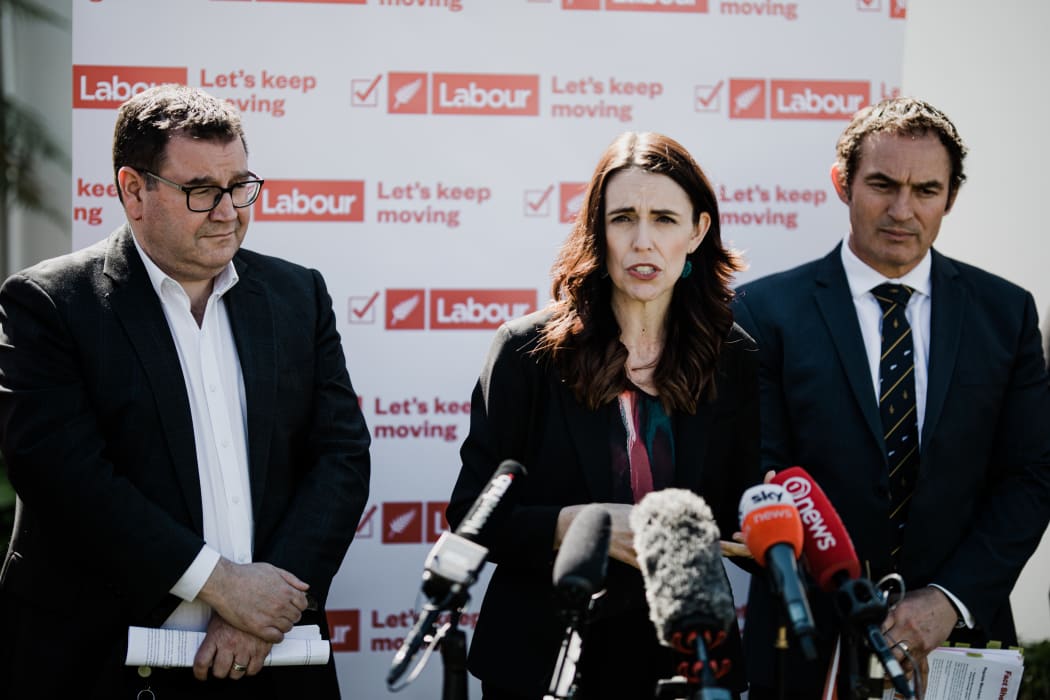 Labour Party leader Jacinda Ardern with finance spokesperson Grant Roberston and small business spokesperson Stuart Nash.