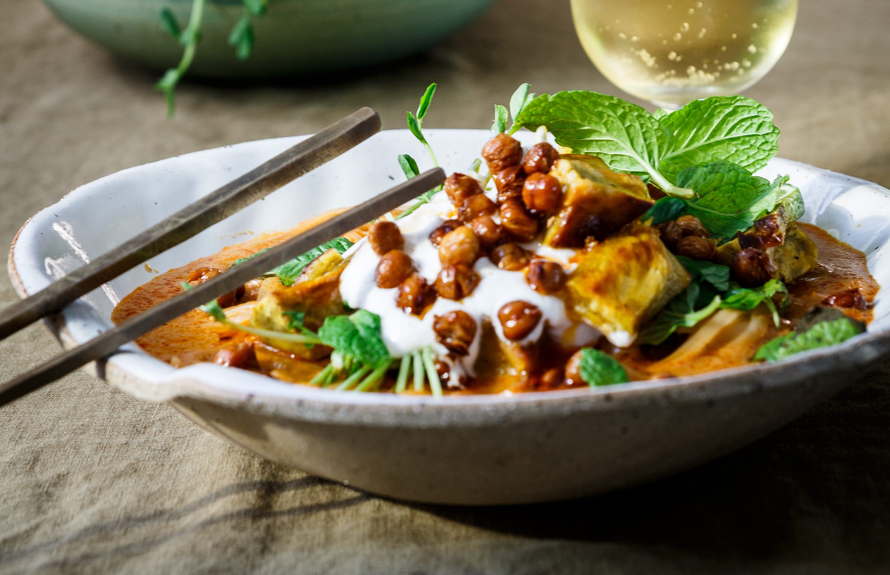 Roast Kumara, Coconut & Lime Laksa with Crispy Chilli Chickpeas