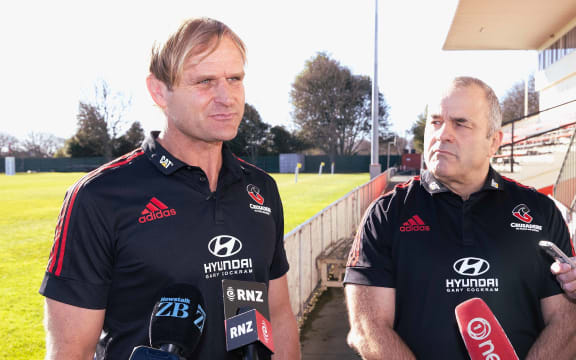 Crusaders coach Scott Robertson and Crusaders CEO Colin Mansbridge. 2021.