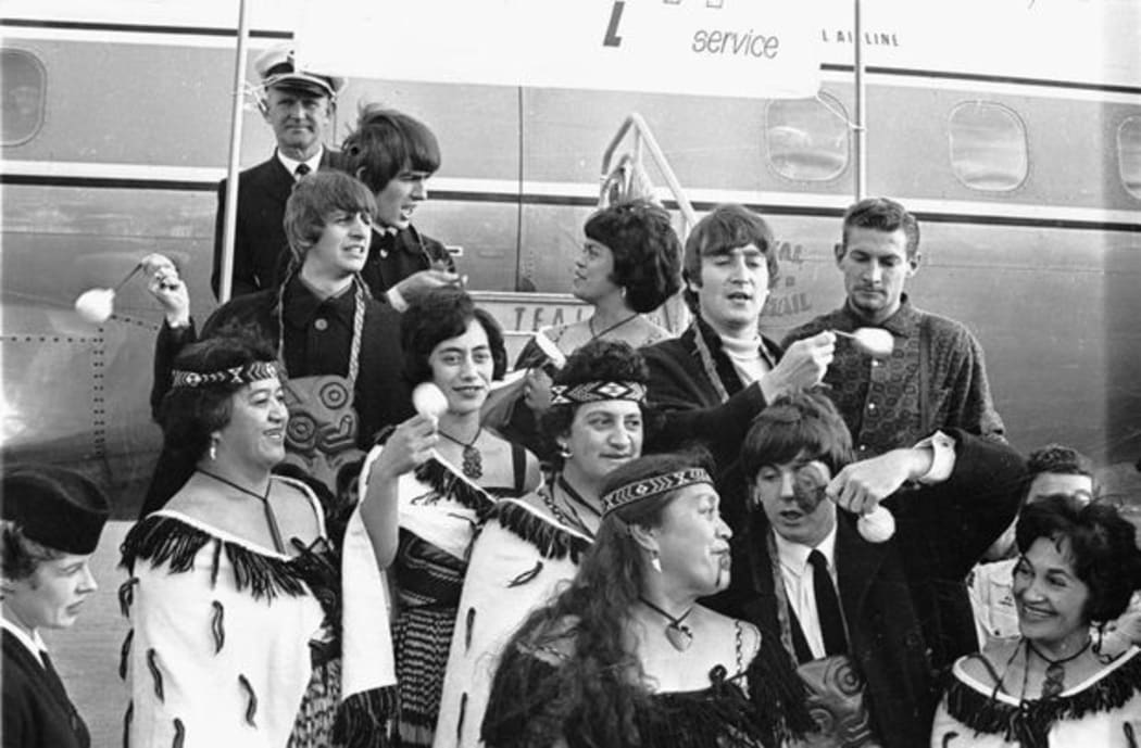 The Beatles and members of the Te Pataka concert party at Wellington Airport, 21 June 1964.