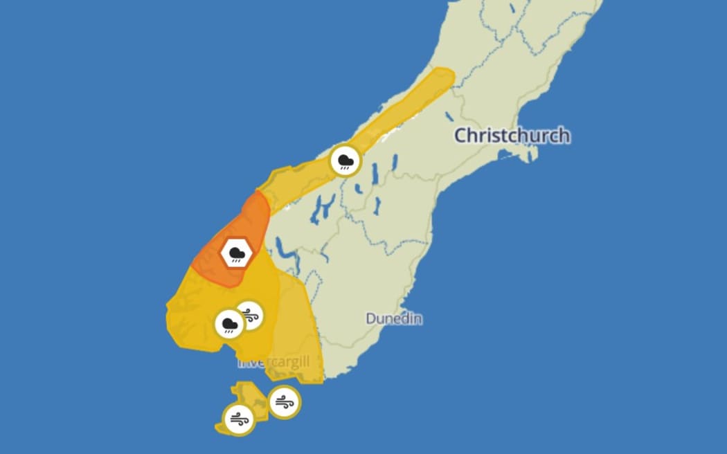 A map showing the orange rain warning in the Fiordland region.