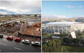 Christchurch stadium building site and illustration indicating design of new stadium.