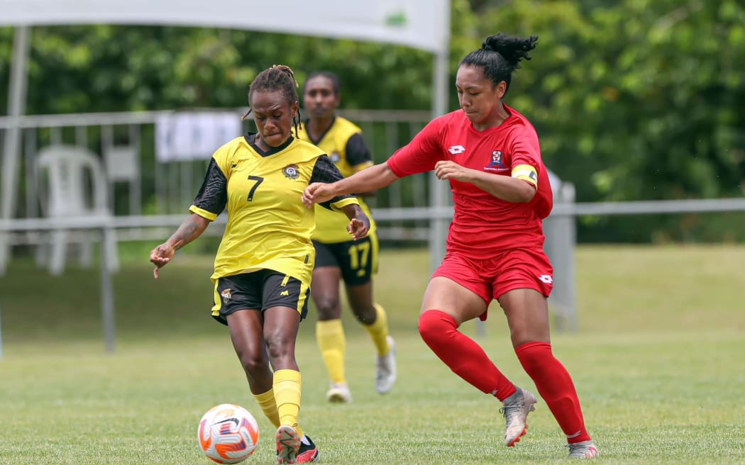 Vanuatu's Rita Solomon Tonga's Telusila Vunipola. Women's Olympic Football Tournament, Oceania Qualifier, Vanuatu v Tonga, FFS Football Stadium Apia, Samoa, Saturday 10 February 2024. Photo: Shane Wenzlick / www.phototek.nz