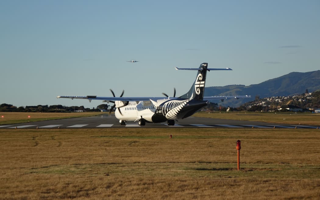 An Air New Zealand turboprop plane prepares for takeoff from Nelson Airport.