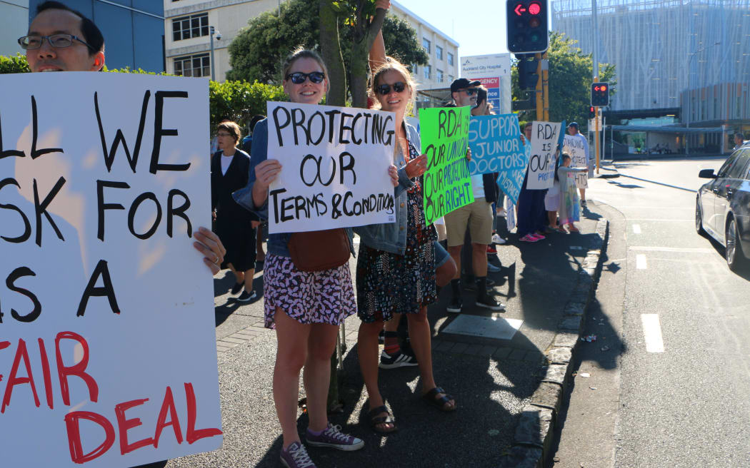 Junior doctors strike outside Auckland Hospital.