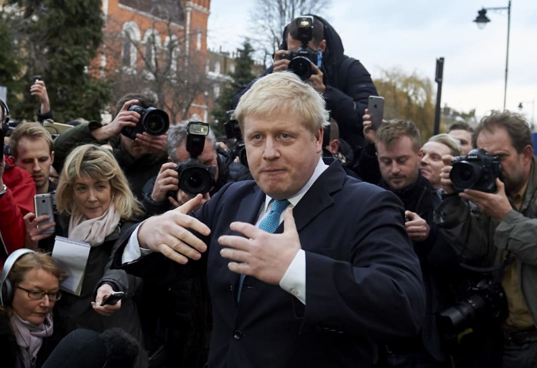 London Mayor Boris Johnson (C) delivers a statement to the media regarding his position on the forthcoming EU referendum outside his home in London on February 21 , 2016 - London mayor Boris Johnson on February 21 said he would support a vote for Britain to leave the European Union