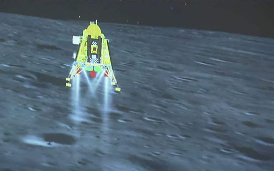 This handout screen grab taken and received from the live feed of Indian Space Research Organisation (ISRO) website on August 23, 2023, shows the Chandrayaan-3 spacecraft seconds before its successful lunar landing on the south pole of the Moon.