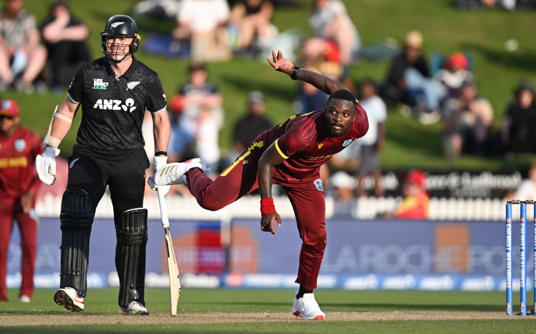 West Indies bowler Jayden Seales. ODI against New Zealand, Hamilton 2025.