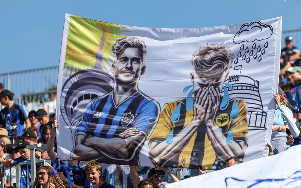 Auckland FC v Wellington Phoenix banner in the crowd in Auckland.