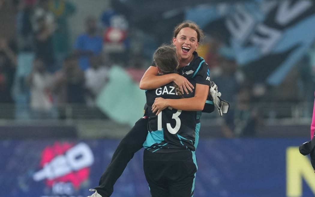 Eden Carson celebrates after the White Ferns beat South Africa in the 2024 T20 World Cup final in Dubai.