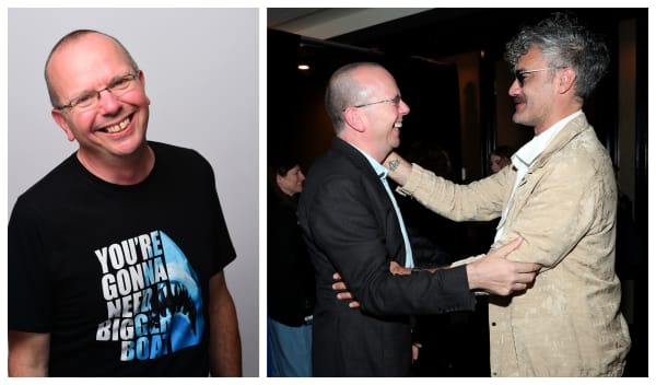 Left: Col Needham's T shirt showcases the iconic line from "Jaws"   Right: Col Needham and Taika Waititi