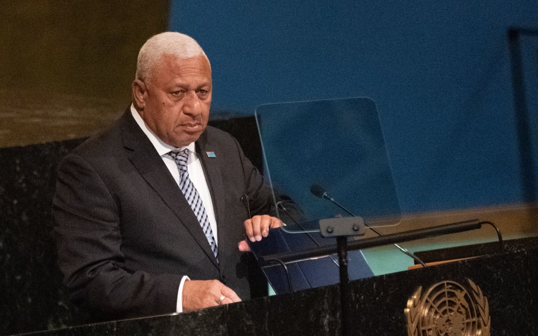 Fiji Prime Minister Frank Bainimarama addresses the 77th session of the United Nations General Assembly at UN headquarters in New York City on 23 September, 2022.