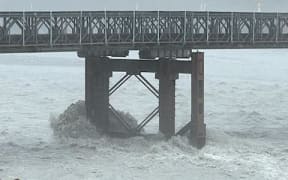 The Waiho Bailey Bridge near Franz Josef, with the Waiho River in flood, after heavy rains, on 9 November, 2024.