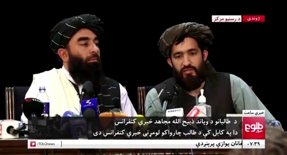 Afghan channel Tolo news broadcast's the Talliban's first press conference since after over in Kabul.