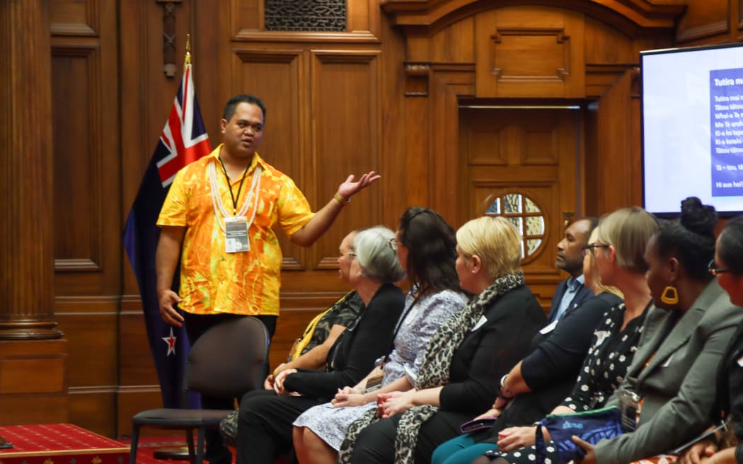 Papaterai William, the sub-editor of debates in the Cook Islands, speaks during a pōwhiri at the Australasian and Pacific Hansard Editors Association conference hosted by New Zealand's Parliament in January 2023.