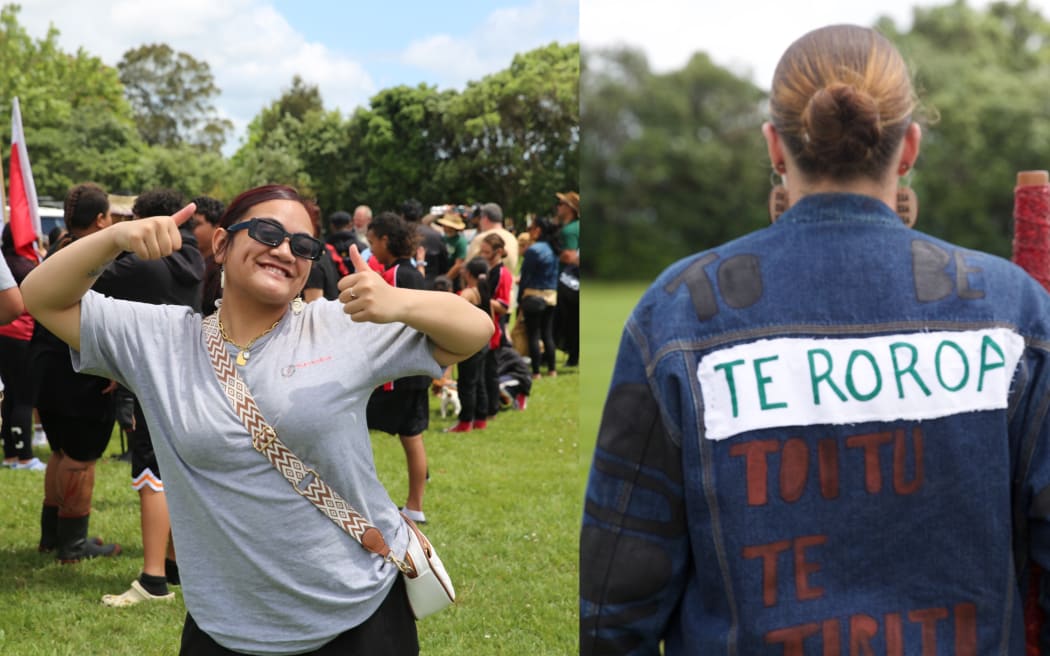 Harlow Kapa (left) and Soul Anihana-Dunn (right) attended the Hīkoi mō Te Tiriti in Dargaville.