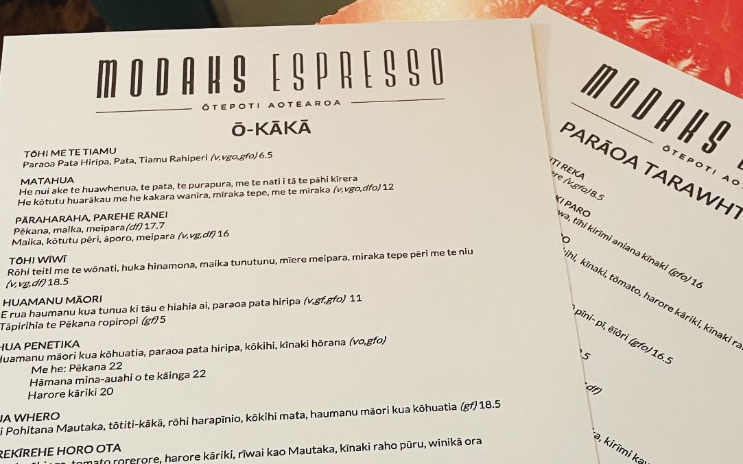 Modaks Espresso's menue in te reo Māori.