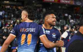 Kyren Taumoefolau and Moana Pasifika captain Ardie Savea.