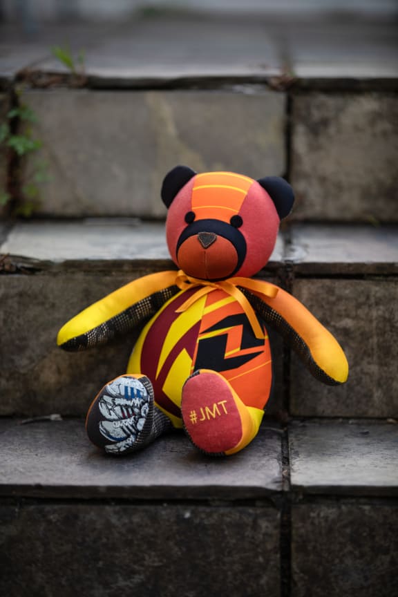 A teddy bear made from Jerrim's clothes that the family had made for members of the family to have as keepsakes. This one belongs to his sister Natasha.