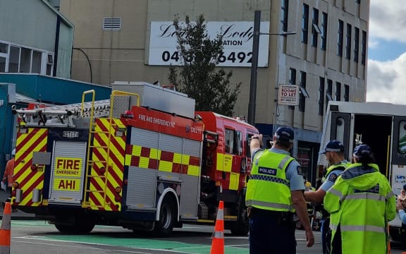Firefighters using a drone to check the Loafers Lodge hostel building, on Tuesday 16 May, 2023
