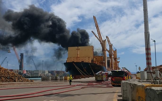 Firefighters and the ship’s engineers are on board fighting the fire.