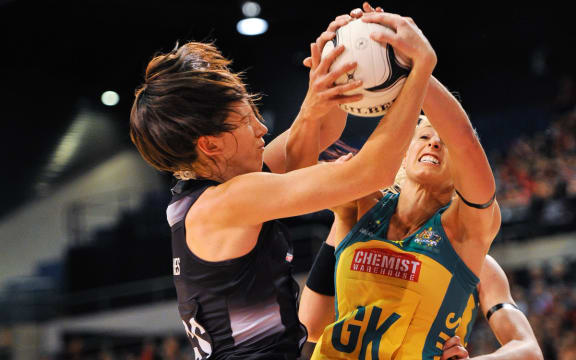 Bailey Mes of the Silver Ferns and Laura Geitz of the Diamonds fight for a ball during the Constellation Cup Netball match, Silver Ferns v Australia, in Christchurch, on the 20th October 2015.