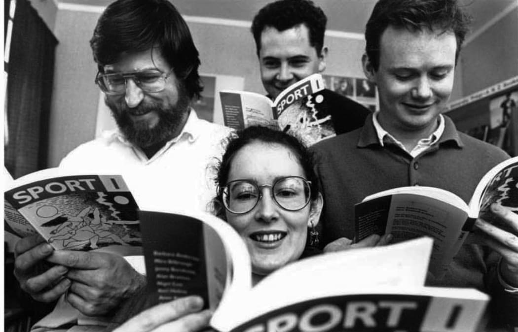 The Sport editors photographed in 1988, Clockwise from left: Nigel Cox, Fergus Barrowman, Damien Wilkins and Elizabeth Knox.