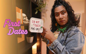 A woman stares at the camera while pointing at an ice cream container labelled "Do not touch, Mac only". Text reads "First Dates"