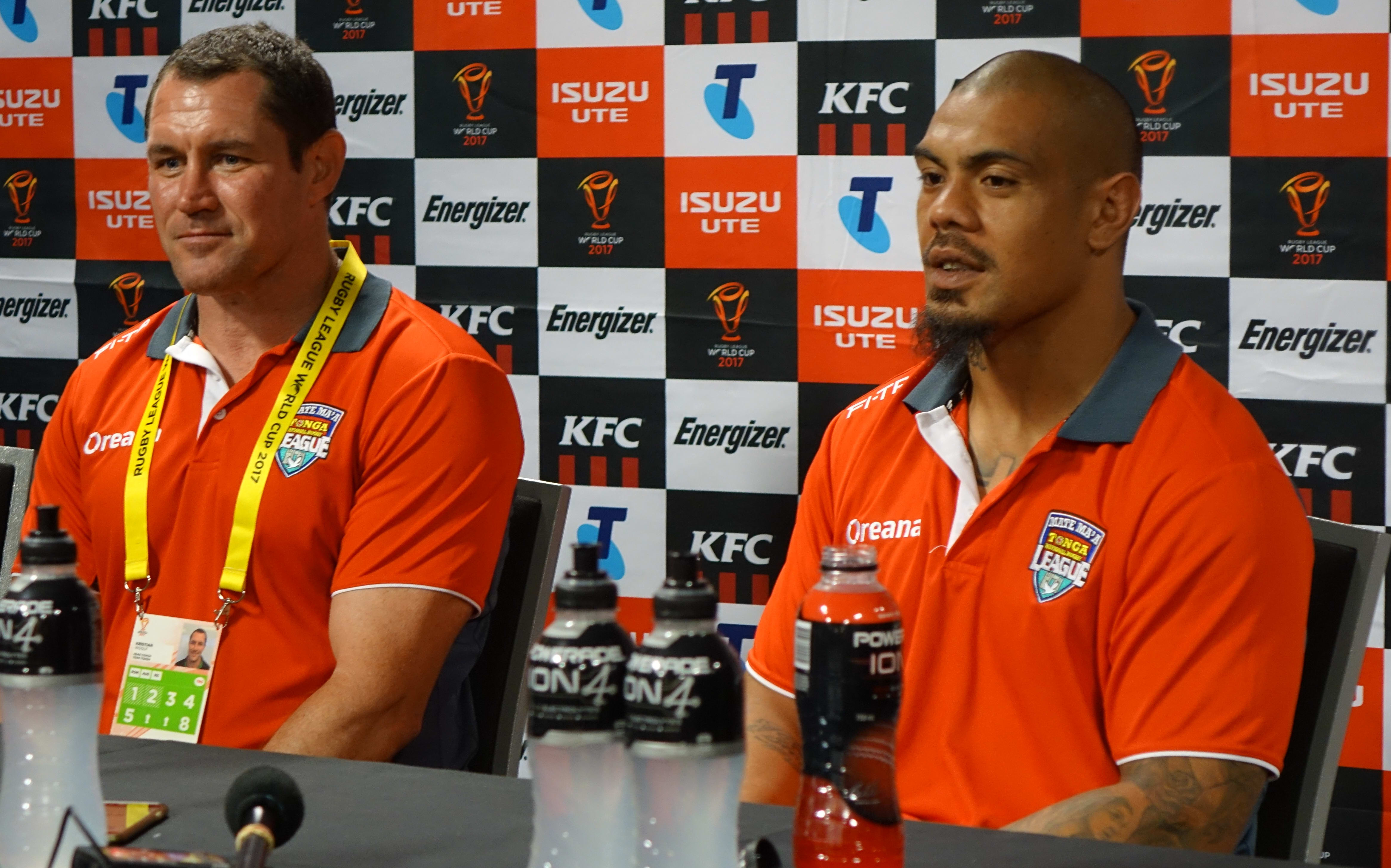 Coach Kristian Woolf, left, and Mate Ma'a Tonga captain Sika Manu.