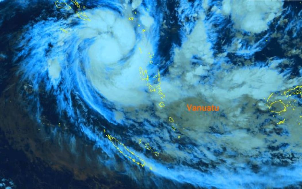 Latest satellite image of Tropical Cyclone Harold above Vanuatu.  The system is swirling over Solomon Islands.