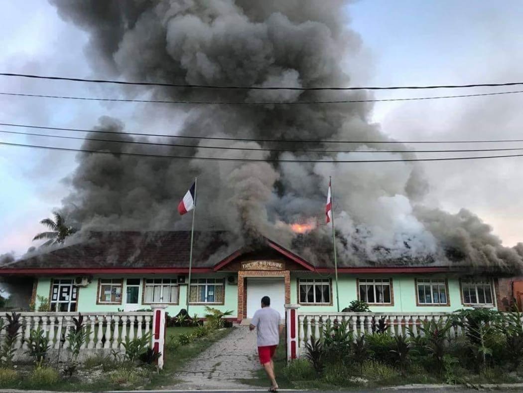 Huahine town hall on fire