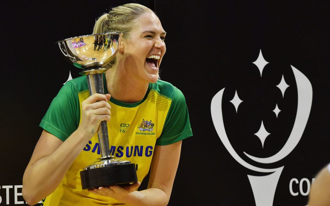 Caitlin Bassett celebrates the Diamonds sixth straight Constellation Cup series win.