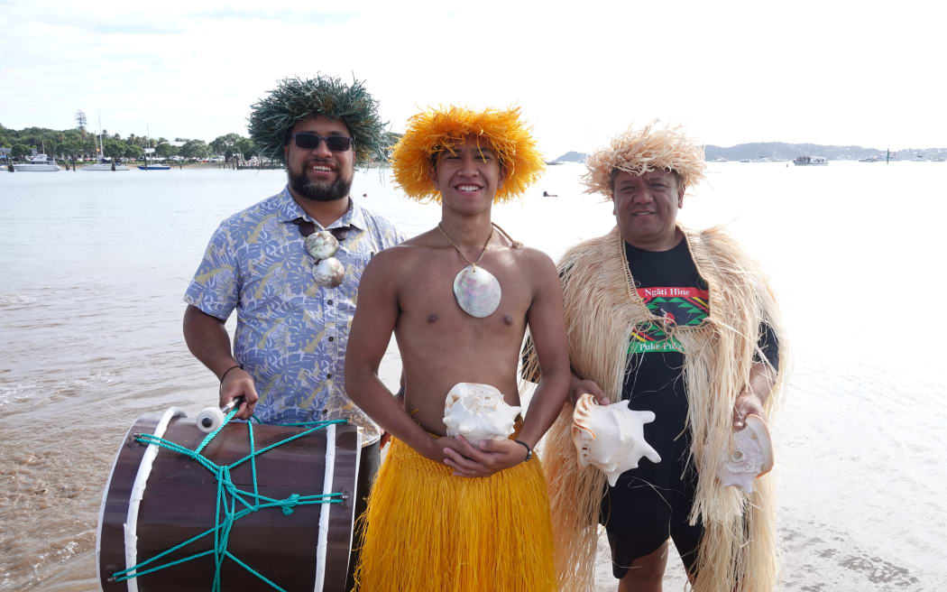Abenzar Wichman and Tearii Kupa-Wichman, of Whangārei, and Joey Rapana, of Kawakawa, represent the Cook Islands during this morning's waka display and mass haka.