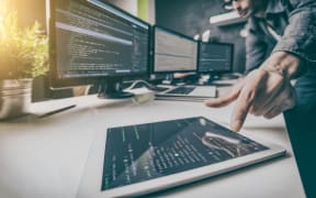 Developing programming and coding technologies. Website design. Cyber space concept.