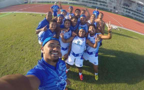 Samoa's sevens squad pose for a selfie during training.