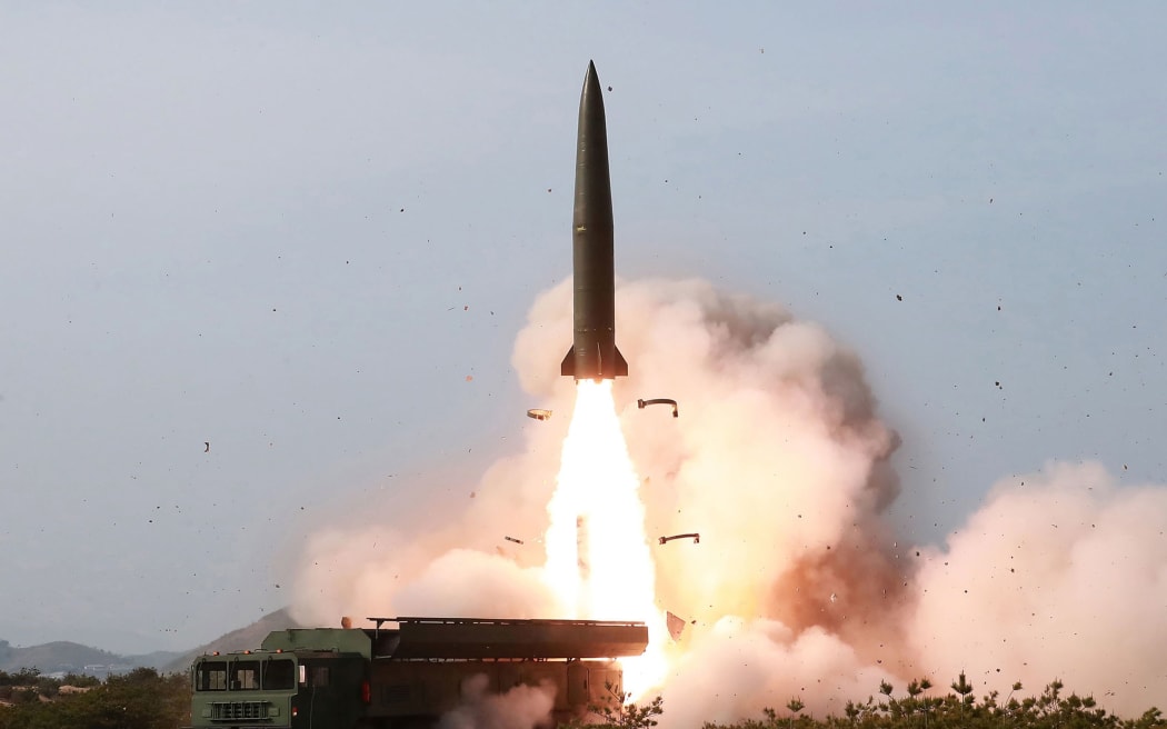 FILE - This Saturday, May 4, 2019, file photo provided by the North Korean government shows a test of weapon systems, in North Korea.