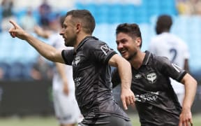 Kosta Barbarouses celebrates scoring the winning goal for Wellington Phoenix in their A-League match against Melbourne Victory at Allianz Stadium in Sydney, November 24, 2024.