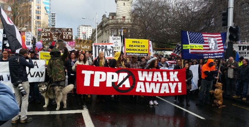 The Auckland crowd poised to march in opposition to the TPP.