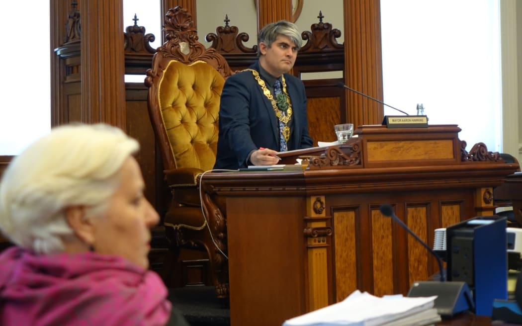 Dunedin mayor Aaron Hawkins during a City Council meeting. Deputy mayor Christine Garey in the foreground.