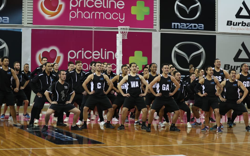 Team New Zealand performing haka at 2018 Men's Netball Trans-Tasman Cup
