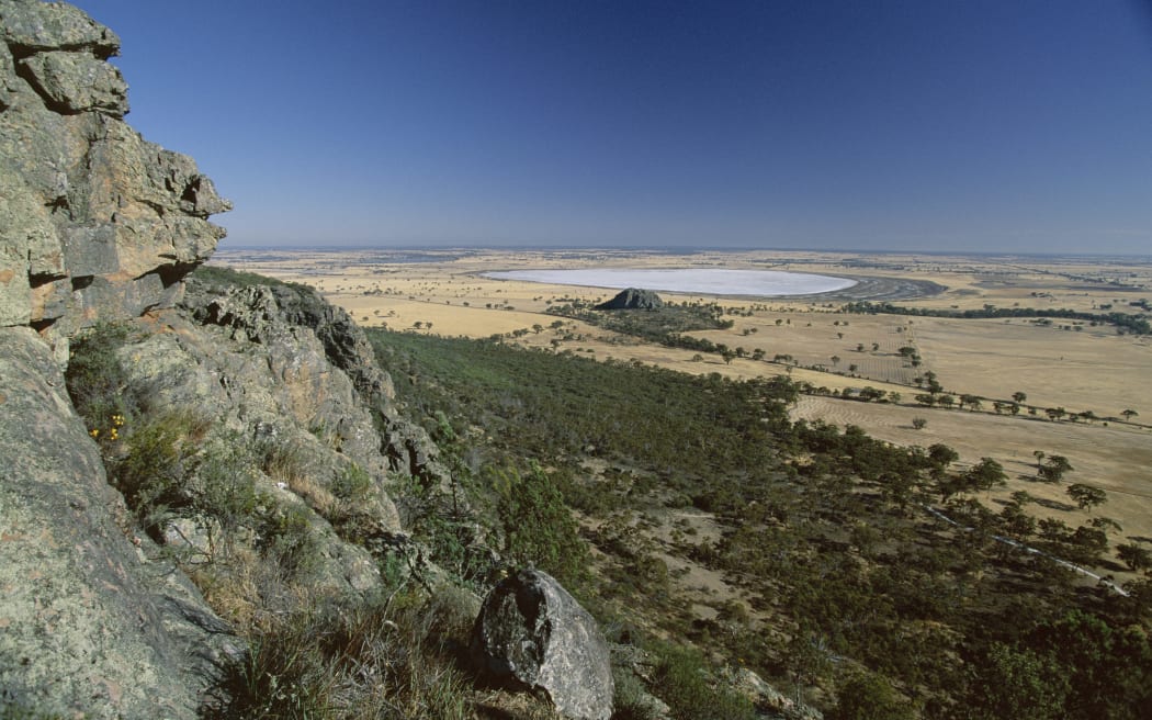 View from Mount Arapiles, rock-climbing centre, towards salt pan of Mitre Lake, Wimmera, Victoria, Australia, Pacific (Photo by Rob Francis / Robert Harding Heritage / robertharding via AFP)