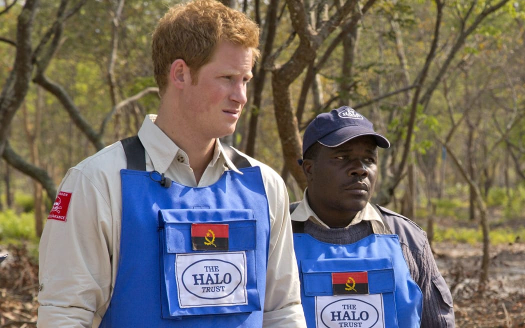 A handout photo obtained on August 18, 2013 from The HALO Trust shows HALOs provincial manager Tony Jose Antonio (R) showing Britain's Prince Harry around current mine clearance site in Cuito Cuanavale, Angola.