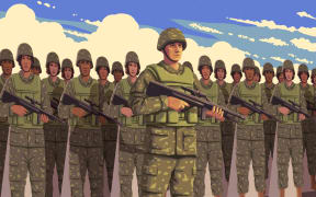 A graphic illustration of a line of army soldiers carrying guns. The figures all wear full, identical army uniforms. A soldier in front stands alone, while the line of identical soldiers behind him are all cardboard cutouts. There is a vivid blue sky with puffy clouds behind them.